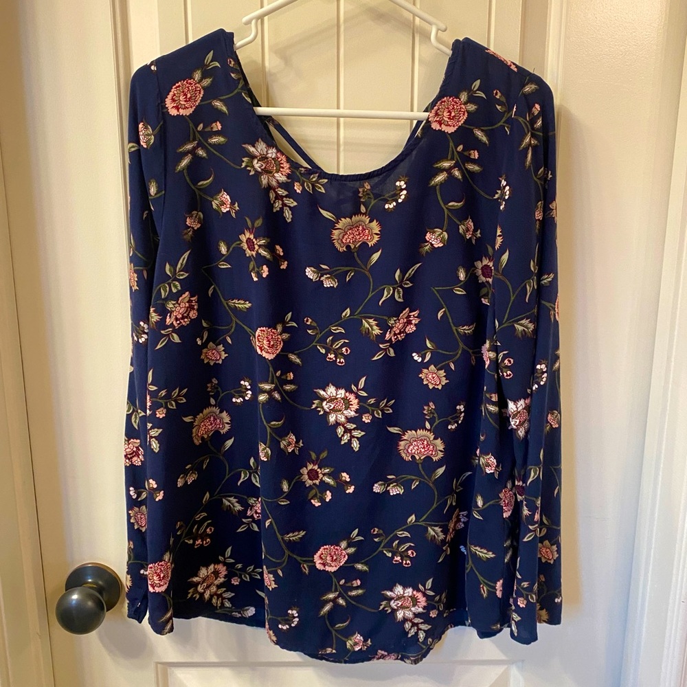 Faded Glory Women’s Large Navy Floral Blouse Pink Tan Crisscros Back 3/4 Sleeve